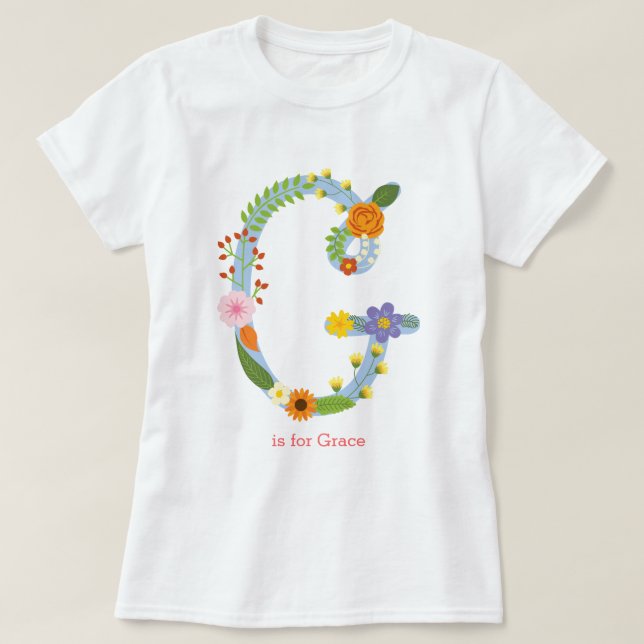 Personalized Whimsical Flower Monogram (G) T-Shirt (Design Front)