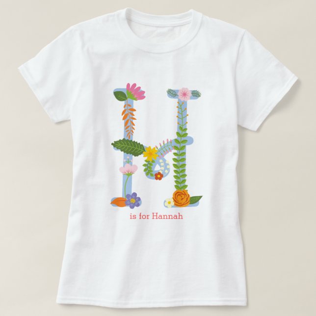 Personalized Whimsical Flower Monogram (H) T-Shirt (Design Front)