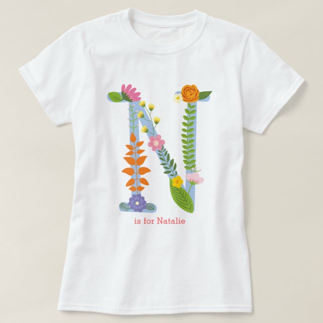 Personalized Whimsical Flower Monogram (N) T-Shirt (Design Front)