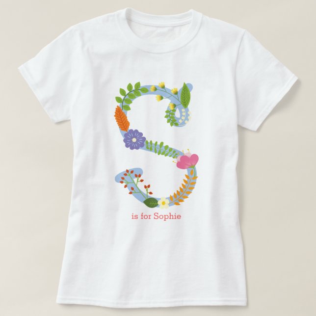 Personalized Whimsical Flower Monogram (S) T-Shirt (Design Front)