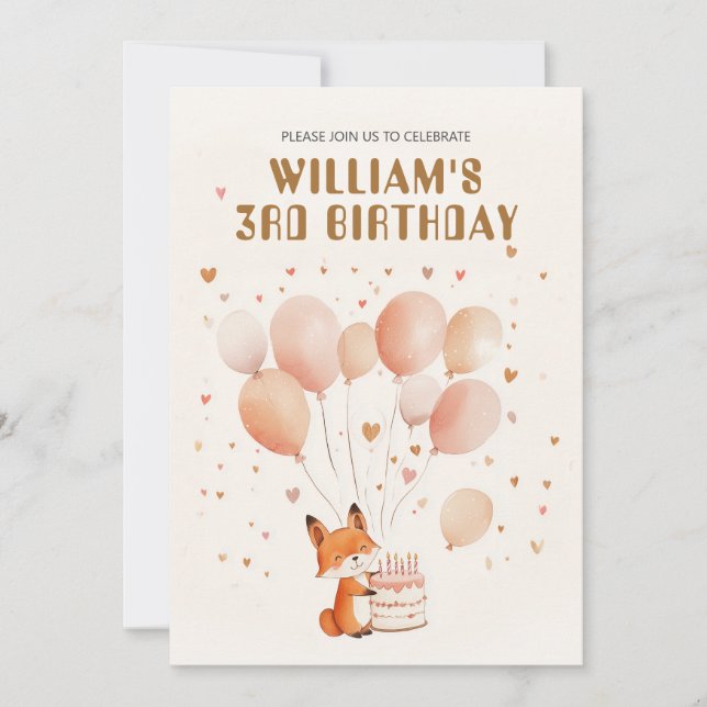 Personalized Whimsical Fox and Balloons Birthday  Invitation (Front)