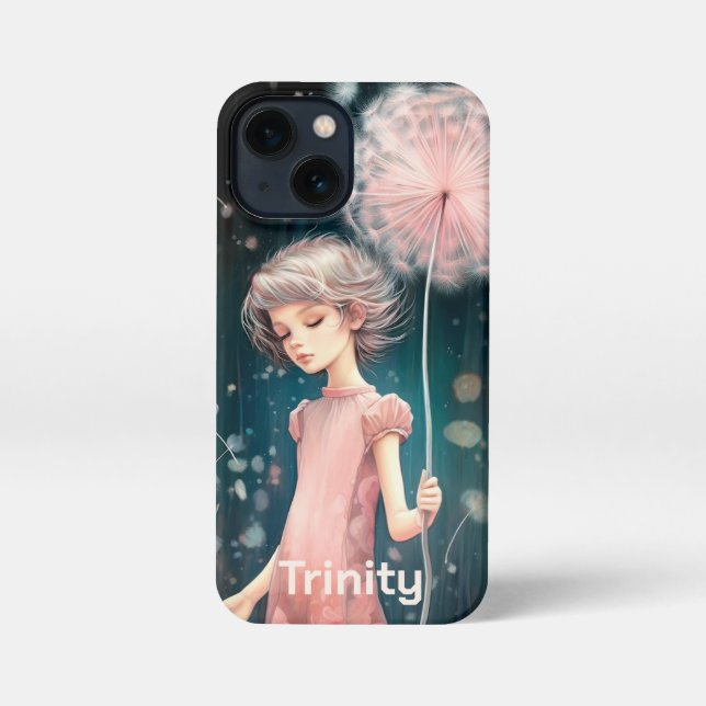 Personalized Whimsical Girl in Pink & Dandelion  iPhone Case (Back)