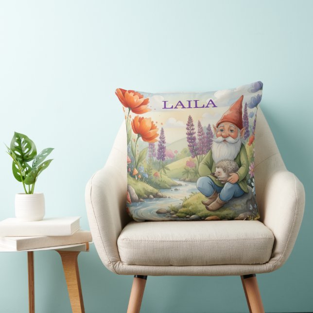 Personalized whimsical gnome flowers pillow (Chair)
