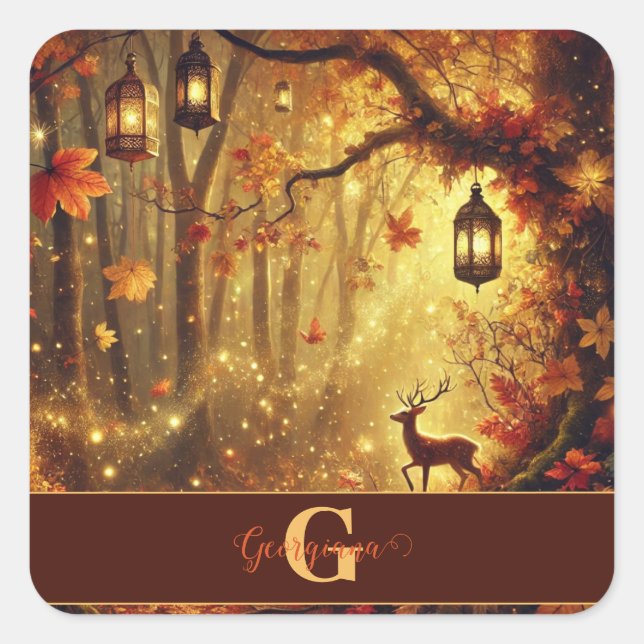 Personalized Whimsical Golden Autumnal Woodland Square Sticker (Front)