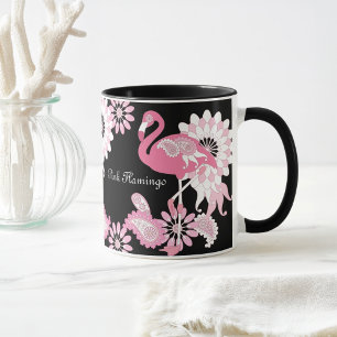 Personalized Whimsical Modern Black Pink Flamingo Mug