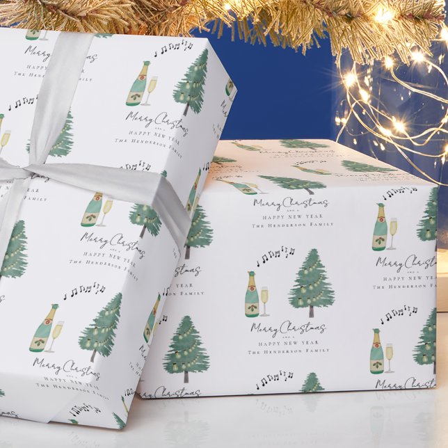 Personalized Whimsical Music Wine Tree Christmas Wrapping Paper (Personalized merry Christmas happy new year family name whimsical tree wine music wrapping paper)