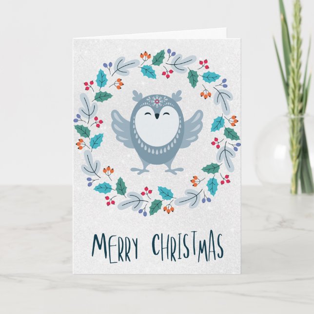 Personalized Whimsical Owl Christmas Card (Front)