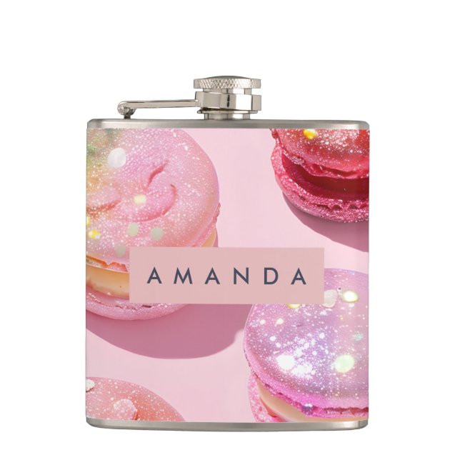 Personalized Whimsical Pastel Macaron Sparkle Hip Flask (Front)