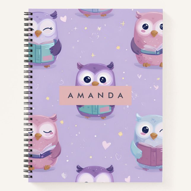 Personalized Whimsical Pastel Owls Pattern Notebook (Front)