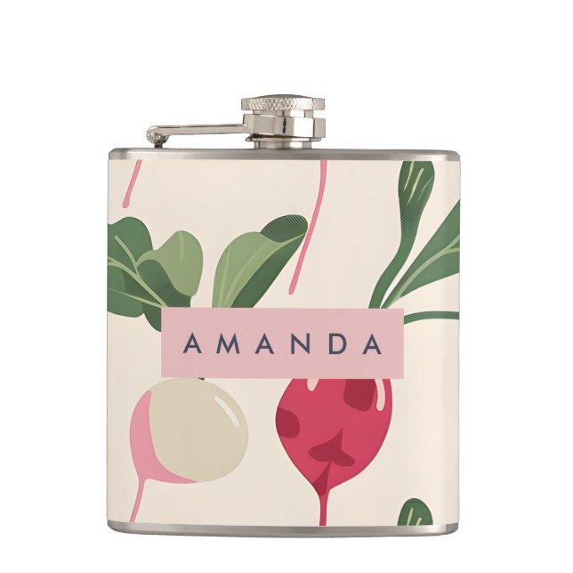 Personalized Whimsical Pastel Radish Garden Hip Flask (Front)