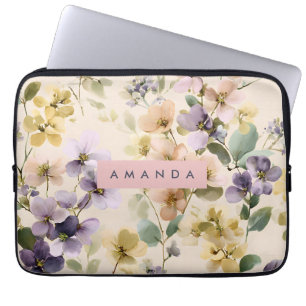 Personalized Whimsical Pastel Watercolor Flower Laptop Sleeve