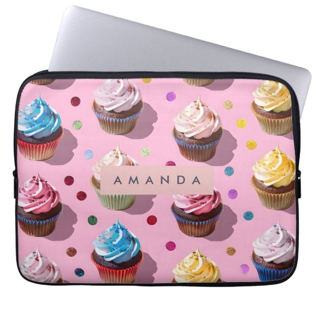 Personalized Whimsical Rainbow Cupcake Confetti Laptop Sleeve (Front)