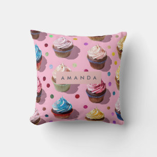 Personalized Whimsical Rainbow Cupcake Confetti Throw Pillow