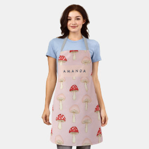 Personalized Whimsical Red Pink Mushroom Pattern Apron
