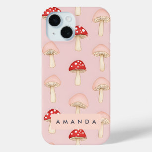 Personalized Whimsical Red Pink Mushroom Pattern iPhone 15 Case