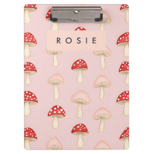 Personalized Whimsical Red Pink Mushroom Pattern Clipboard