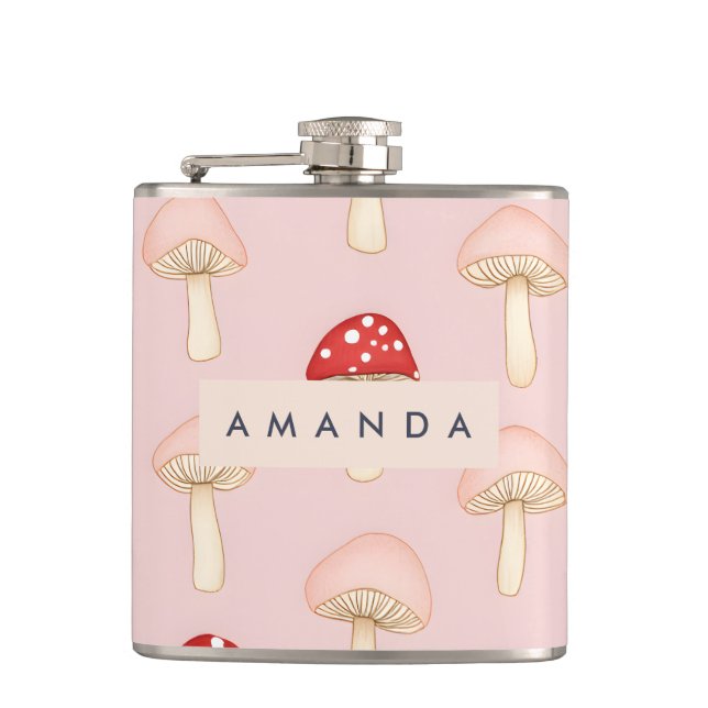 Personalized Whimsical Red Pink Mushroom Pattern Hip Flask (Front)