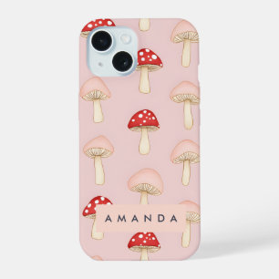 Personalized Whimsical Red Pink Mushroom Pattern iPhone 15 Case