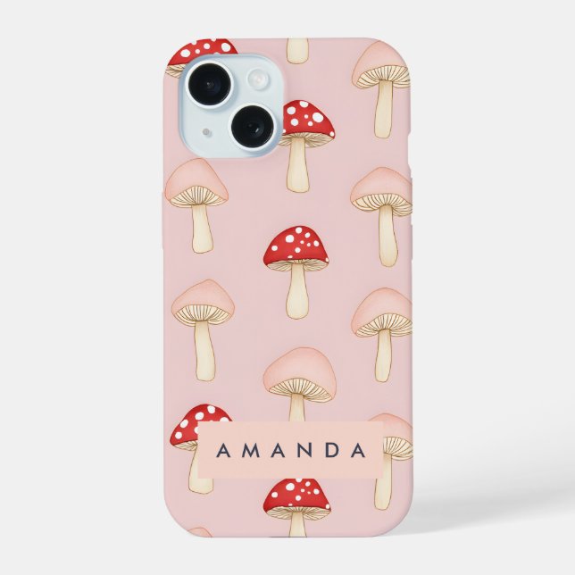 Personalized Whimsical Red Pink Mushroom Pattern iPhone 15 Case (Back)