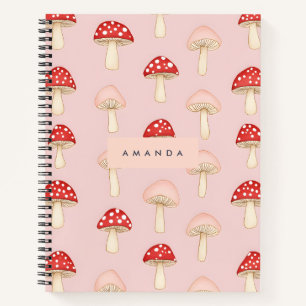 Personalized Whimsical Red Pink Mushroom Pattern Notebook