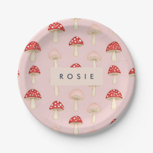 Personalized Whimsical Red Pink Mushroom Pattern Paper Plate
