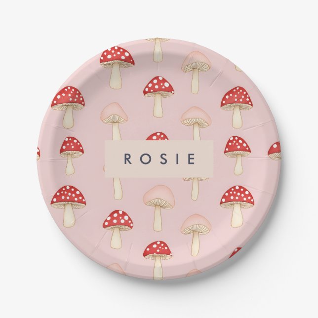 Personalized Whimsical Red Pink Mushroom Pattern Paper Plate (Front)
