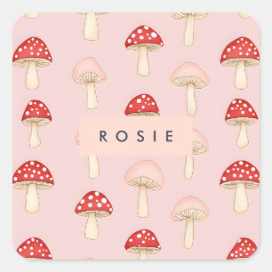 Personalized Whimsical Red Pink Mushroom Pattern Square Sticker