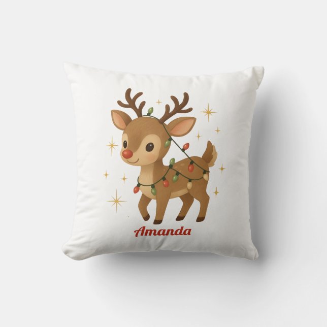 Personalized Whimsical Reindeer Christmas Pillow (Front)