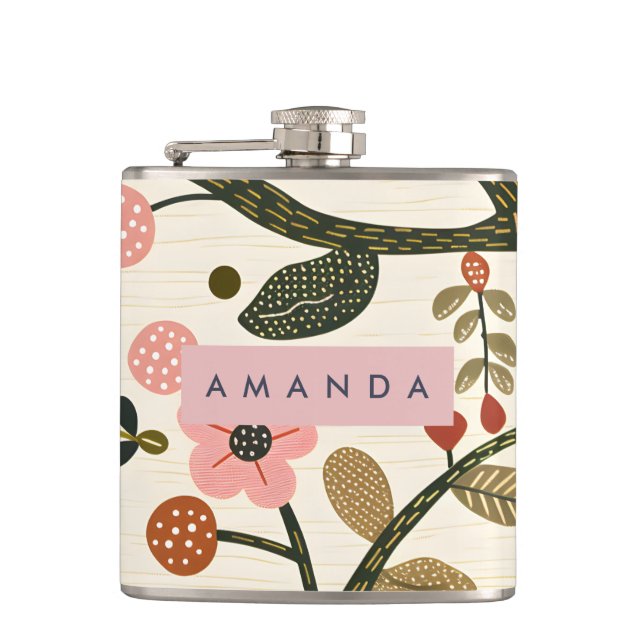 Personalized Whimsical Retro Autumn Flower  Hip Flask (Front)