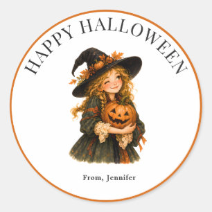 Personalized Whimsical Witch Pumpkin Halloween Classic Round Sticker