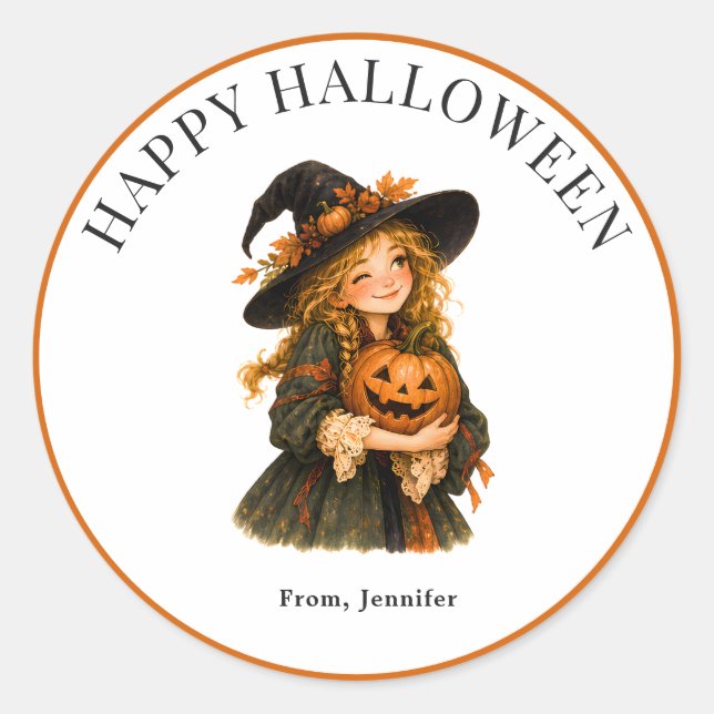 Personalized Whimsical Witch Pumpkin Halloween  Classic Round Sticker (Front)