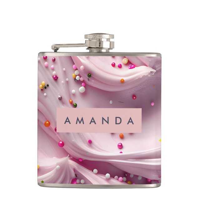 Personalized Whipped Pink Frosting with Sprinkles Hip Flask (Front)