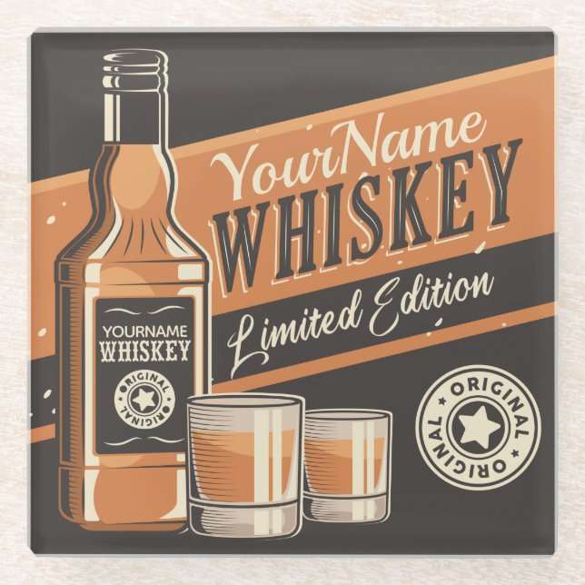 Personalized Whiskey Liquor Bottle Western Bar Glass Coaster (Front)