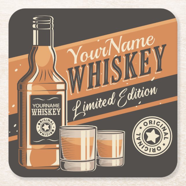 Personalized Whiskey Liquor Bottle Western Bar  Square Paper Coaster (Front)