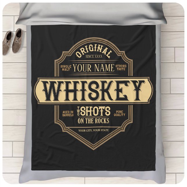 Personalized Whiskey on the Rocks Liquor Label Bar Fleece Blanket (Creator Uploaded)