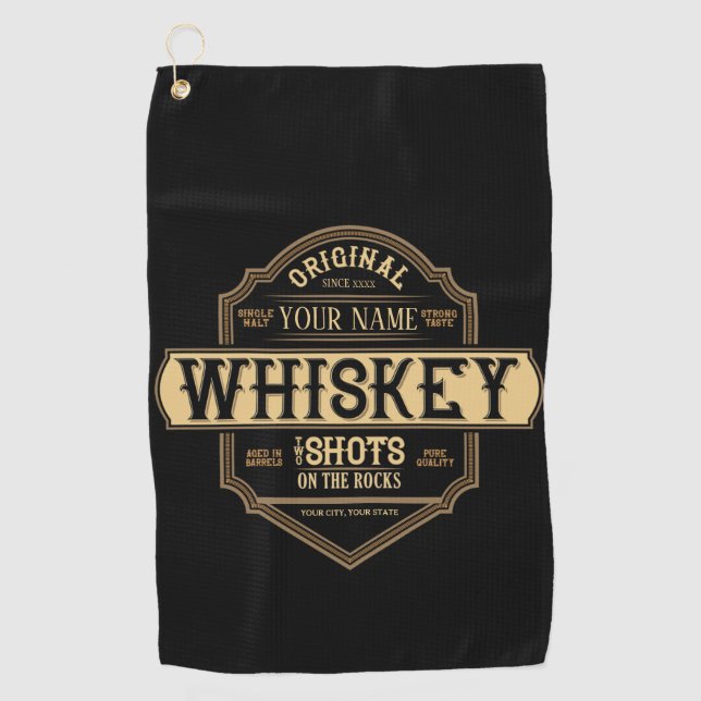 Personalized Whiskey on the Rocks Liquor Label Bar Golf Towel (Front)