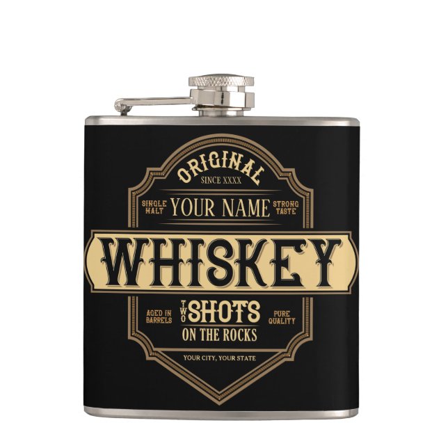 Personalized Whiskey on the Rocks Liquor Label Bar Hip Flask (Front)
