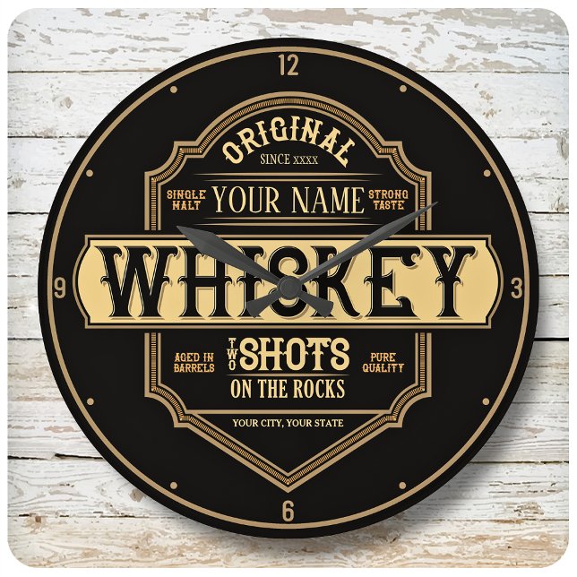 Personalized Whiskey on the Rocks Liquor Label Bar Large Clock (Creator Uploaded)