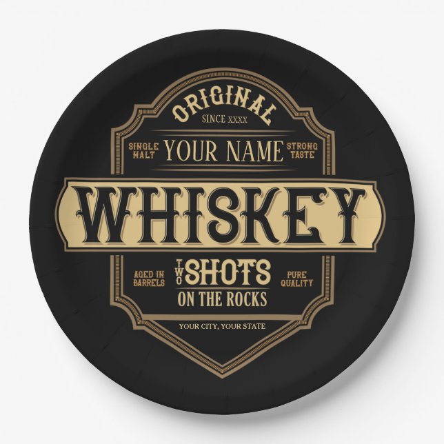 Personalized Whiskey on the Rocks Liquor Label Bar Paper Plate (Front)