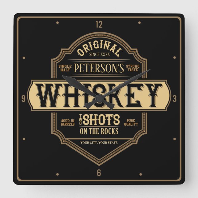 Personalized Whiskey on the Rocks Liquor Label Bar Square Wall Clock (Front)