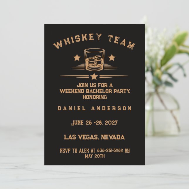 Personalized Whiskey Themed Weekend Bachelor Party Invitation (Standing Front)