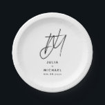Personalized White and Black Wedding Paper Plate<br><div class="desc">Add a touch of elegance to your wedding reception with these personalized paper plates. Featuring a large brushed script two initial monogram with the couple's name and wedding date below in modern sans serif font, this design is perfect for a sophisticated and stylish celebration. The white text on a black...</div>
