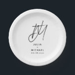 Personalized White and Black Wedding Paper Plate<br><div class="desc">Add a touch of elegance to your wedding reception with these personalized paper plates. Featuring a large brushed script two initial monogram with the couple's name and wedding date below in modern sans serif font, this design is perfect for a sophisticated and stylish celebration. The white text on a black...</div>