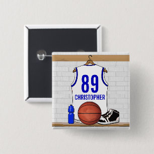 Personalized White and Blue Basketball Jersey 2 Inch Square Button