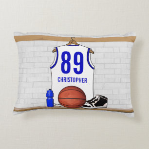 Personalized White and Blue Basketball Jersey Accent Pillow
