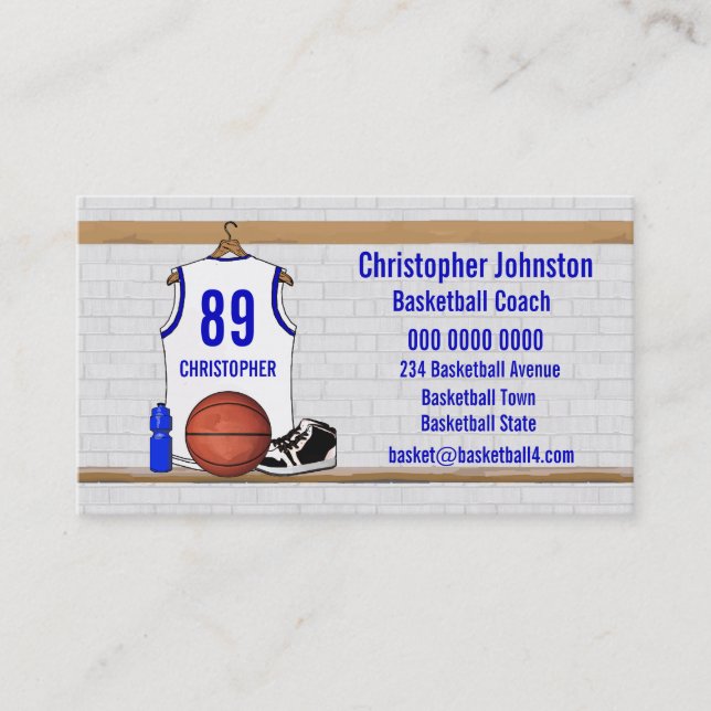 Personalized White and Blue Basketball Jersey Business Card (Front)