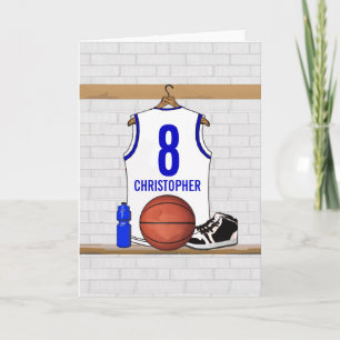 Personalized White and Blue Basketball Jersey Card