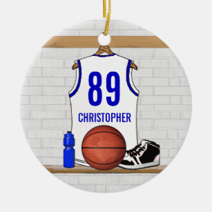 Personalized White and Blue Basketball Jersey Ceramic Ornament