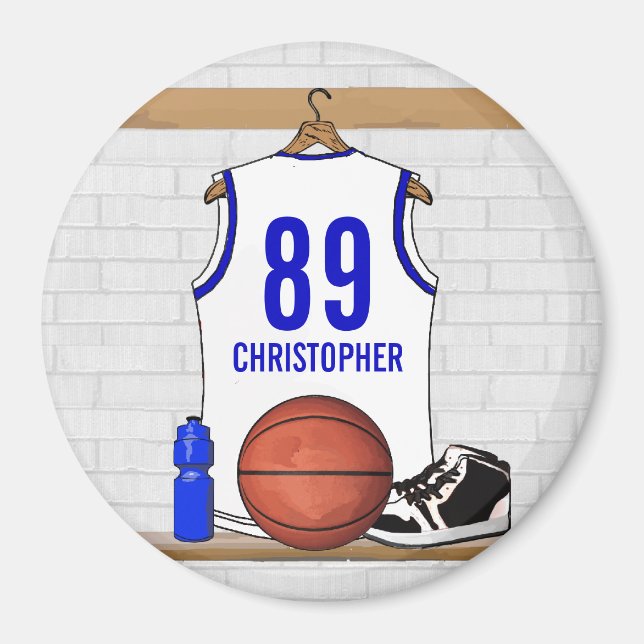 Personalized White and Blue Basketball Jersey Magnet (Front)