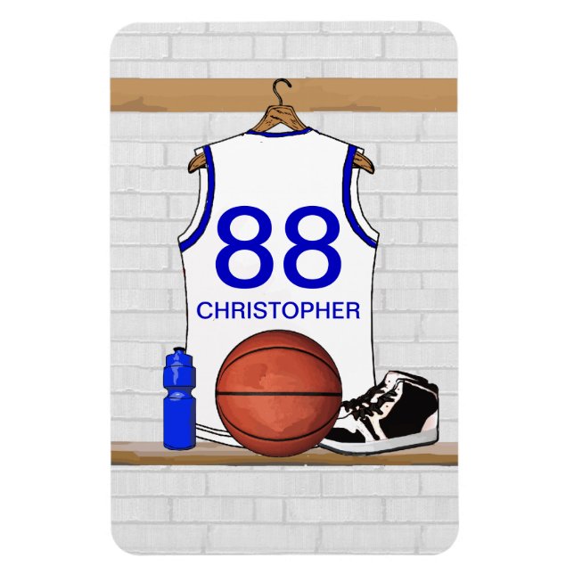 Personalized White and Blue Basketball Jersey Magnet (Vertical)